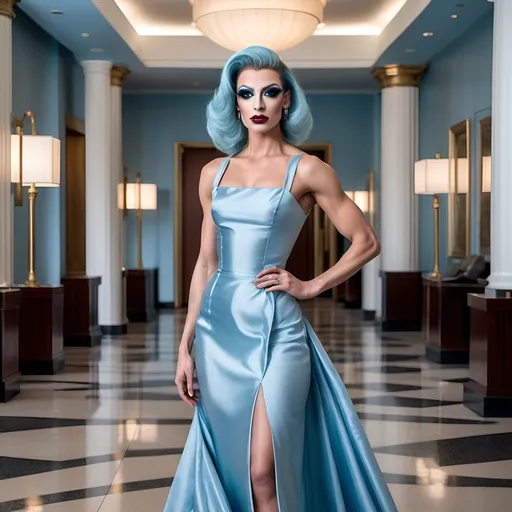 Prompt: A gorgeous  muscular 25-year-old Czechian 
drag queen wearing a powder blue silk dress with a square neck line, draped fabric on the full-length skirt with a structured bodice, dark eye makeup and dark lipstick,  8 inch stiletto high heel shoes walking through a high-quality hotel lobby. 

