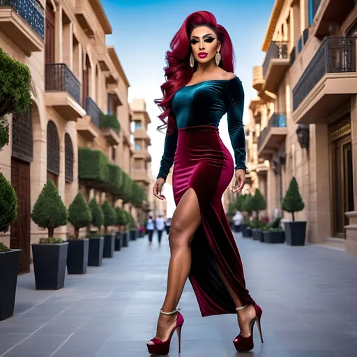 Prompt: Gorgeous ultra-muscular 25-year-old Egyptian drag queen bodybuilder with extremely long dark red updo hair, long muscular legs and very well endowed dressed in a short multicolored velvet dress and 8 inch stiletto high heel shoes walking elegantly through a fashionable cityscape.