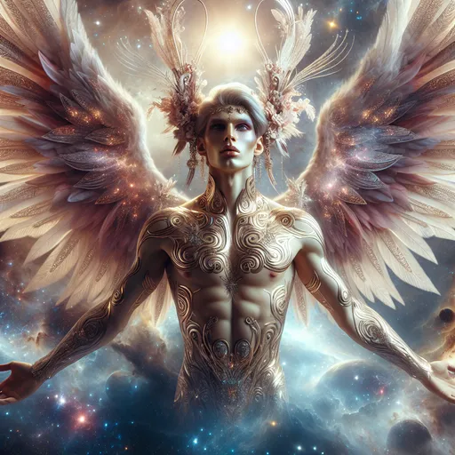 Prompt: Create a gorgeous muscular drag queen (((masculine jawline and brow features))), a lovely angel, in space, suspended in mid-air, with a serene, peaceful expression, showing her full body and wingspan, symmetrical and glistening wings outstretched, masterfully rendered in exquisite detail, showcasing intricate textures, and an, ethereal ambiance, with, luminous lighting, and a silent, iridescent glow, with a mix of realism and fantasy, blending traditional and digital media, in a highly detailed, high-resolution image, with a shallow depth of field, and a subtle bokeh effect, set against a dreamy, outer space backdrop