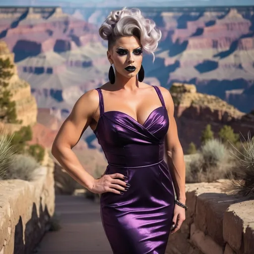 Prompt: Photo of a gorgeous muscular 25-year-old American Caucasian drag queen bodybuilder with Aubrn wavy updo hair, dark eyeshadow,  dark lipstick, and huge busom, wearing a summer sundress and 8 inch stiletto high heels, fierce expression, standing on a street and the iconic Grand Canyon in the background provide a vibrant, cinematic backdrop.  High-resolution camera with Canon EOS R3 and RF 85mm f/1.2 lens captures