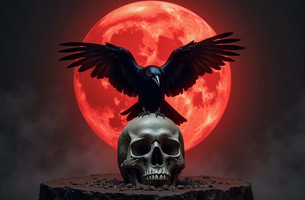 Prompt: A raven sitting atop a human skull lit by a blood moon