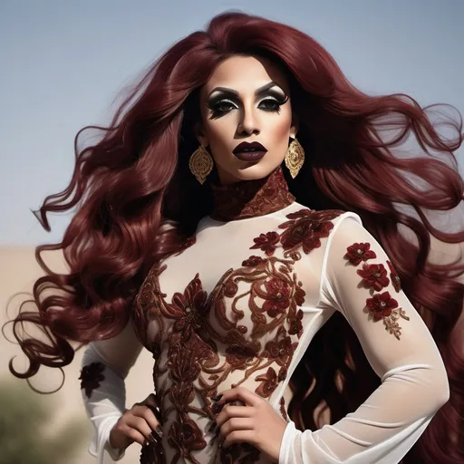 Prompt: Gorgeous ultra-muscular 25-year-old Saudi Arabian drag queen bodybuilder with ridiculously long wavy dark red hair (((blowing in the wind))). Dark smoky eyeshadow and dark red lipstick. Covered turtle neck, Intricate floral gold embroidery, lace see through mesh chiffon fabric, very flowy, Full length image, bronze white embroidery dress ,posing,captured with soft focus and muted colors typical of early film photography, caftan Moroccan dress, tight fitted mermaid, ruffles