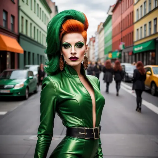 Prompt: single Czechian drag queen, beautiful, street, realistic, Hipster kiyafetleri, Swag kiyafetler, Stil kiyafetler all in green. Heavy mascara,  dark red lipstick,  burnt orange hair. 8 inch stiletto high heel thigh-high boots.