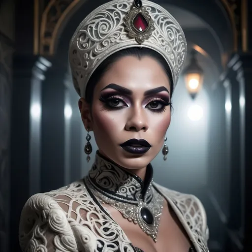 Prompt: hyper-detailed dull photo of a gorgeous muscular masculine 25-year-old Betawi drag queen (with strong jawline and chin), with dark eye makeup, dark lipstick, venetian lace jilbab, cropped jacket, foggy old hallway, art pose, medium format, epic character composition, sharp focus, intricate filigree details, cinematic lighting, volumetric fog, award-winning, masterpiece, 64K, professionally color graded