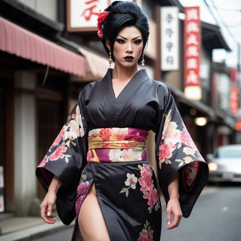 Prompt: Gorgeous muscular 25-year-old Japanese drag queen bodybuilder (masculine jawline and brow features) with dark eyeshadow, dark lipstick, and huge busom walking down the high street, detailed clothing, realistic, natural lighting, photorealistic, Japanese flower design on her kimono. Black hair in traditional Japanese style. 