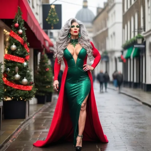 Prompt: Gorgeous muscular 35-year-old Portuguese drag queen bodybuilder with long wavy silver hair, dark eyeshadow, dark lipstick, and large busom, walking down the high street at Christmas, wearing a gorgeous Red & green gown (design as a Christmas tree) and stiletto heels, realistic, natural lighting,  snowing