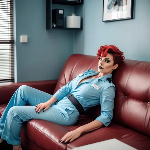 Prompt: (realism style photo), gorgeous muscular 35-year-old French drag queen surgeon with huge busom, dark eye makeup, and dark lipstick, (cool color scheme), messy pixie cut red hair, reclining on couch, wearing light blue scrubs , glaring at overhead intercom paging her back to work, personnel lounge ambiance, soft lighting, relaxed atmosphere, high detail, ultra-detailed, modern setting, refreshingly casual, (inviting and cozy) environment.