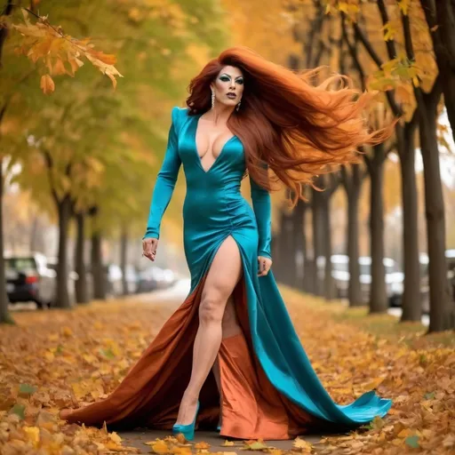 Prompt: Gorgeous muscular 25-year-old Persian drag queen with extremely long flowing dark orange hair (((blowing in the wind))) and big busom, wearing low cut teal satin dress with long train and 8 inch stiletto high heel shoes, walking through the leaves of autumn at morning. 