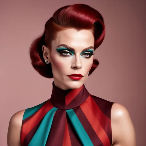 Prompt: Gorgeous muscular 35-year-old Danish drag queen (strong masculine jawline and brow), Prada 1950s style elegant silhouette, classic tailored look, vibrant colors, rich textures, polished accessories, soft lighting, nostalgic ambiance, high-quality detail, reminiscent of mid-century fashion photography, chic dark red hairstyle, playful patterns, stylish footwear, retro elegance