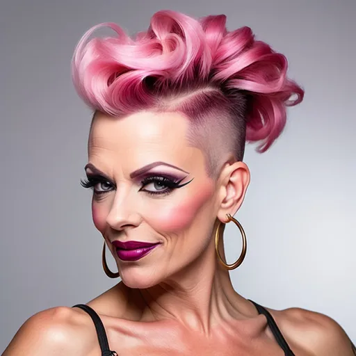 Prompt: side buzzed fade longer updo top cut with a pink trendy moehawk, hair cut sample, fashion magazine, high focus on trendy hairstyle, gorgeous 40-year-old Czechian drag queen bodybuilder model with thick eyeshadow and dark red lipstick, flirty, confident smile --ar 9:16 --v 6.0