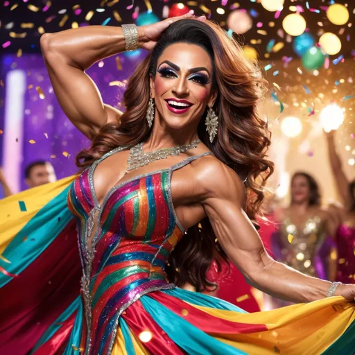 Prompt: Festively dressed gorgeous muscular 35-year-old Turkish drag queen bodybuilder dancing, (vibrant colors), joyous expression, flowing dress adorned with festive patterns, twirling motion, (celebratory atmosphere), radiant lighting, glittering confetti falling around, (high quality, ultra-detailed), joyful energy radiating, festive background filled with colorful decorations, dynamic pose capturing the spirit of celebration.