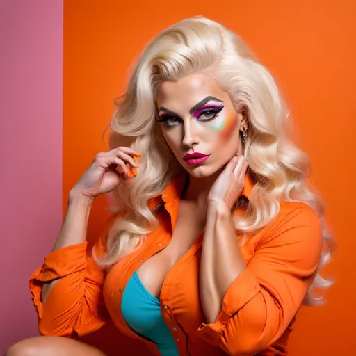 Prompt: a gorgeous muscular 25-year-old Hungarian drag queen bodybuilder with platinum blonde wavy hair, wearing an oversized orange shirt posing for a picture with her legs crossed and her hand on her head, Anna Katharina Block, kitsch movement, colourful, a pop art painting