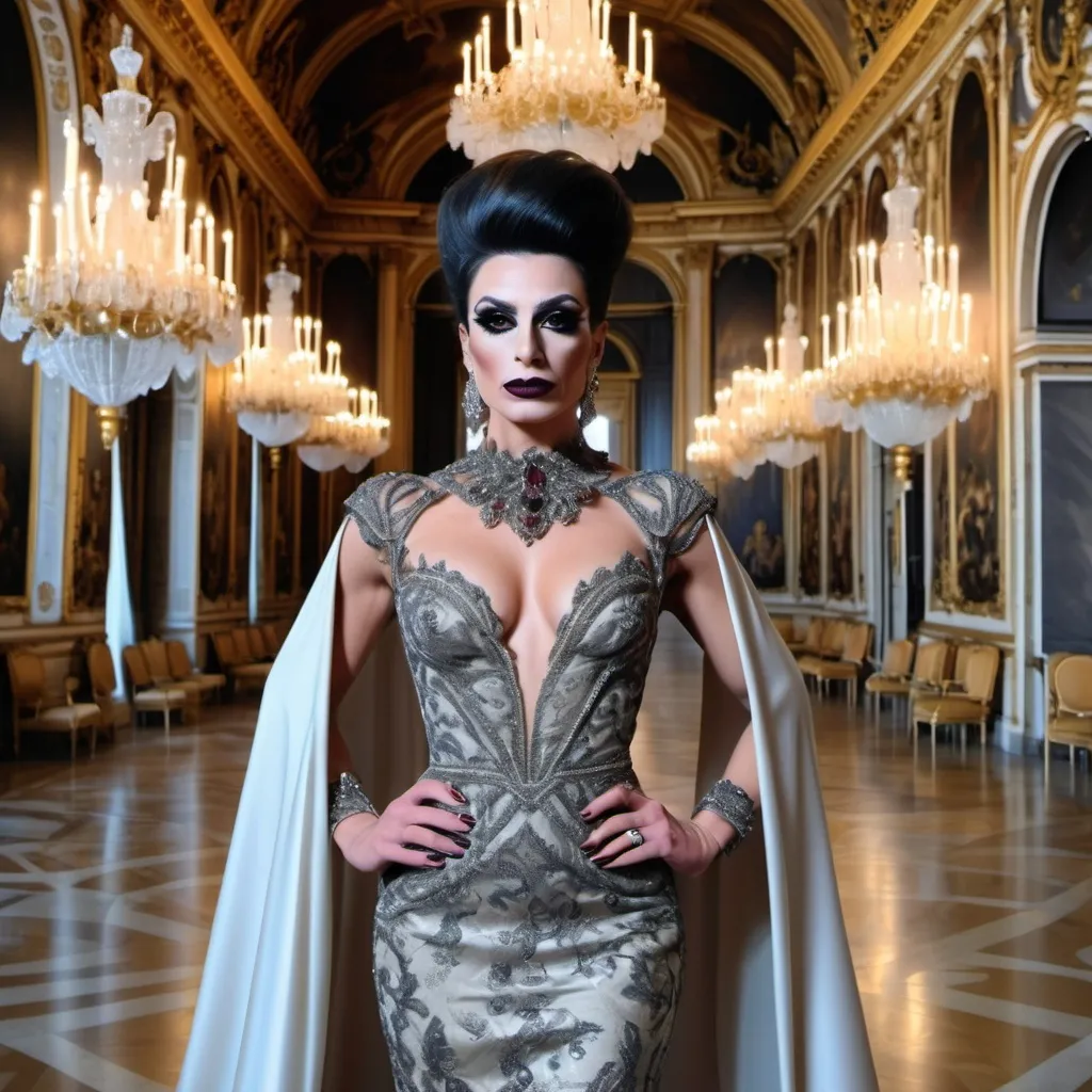 Prompt: Design a modern glamorous wedding dress worn by a real life gorgeous muscular 35-year-old Turkish drag queen ((strong masculine jawline and brow features)) model dress to be daring and glamorous and elegant, dark eye makeup, dark lipstick.  Posing in the Palace of Versailles.