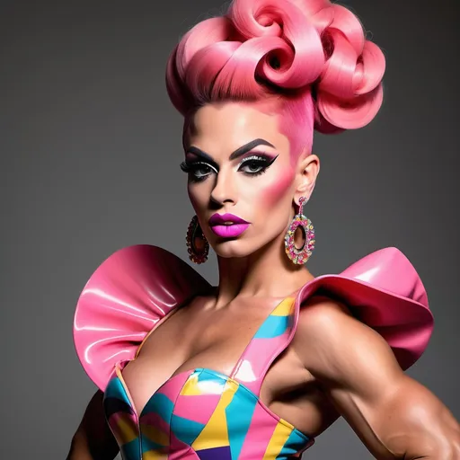 Prompt: Gorgeous ultra-muscular 25-year-old Spanish drag queen bodybuilder with long pink stylish updo wearing a (Moschino dress), high fashion design, colorful patterns, playful and vibrant, couture elegance, luxurious texture, striking silhouette, artistic flair, runway-inspired style, intricate details, eye-catching embellishments, bold color palette, fashionable ambiance, (ultra-detailed), high-quality craftsmanship, fashion illustration vibes, stylish ensemble, (vivid colors), aesthetically stunning.