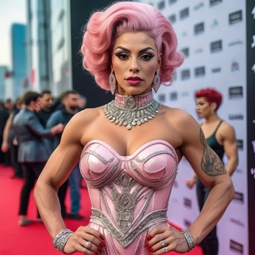 Prompt: Very detailed and hyper realistic full-length photo of 25-year-old gorgeous muscular Tunisian drag queen bodybuilder with 50s style pink hair wearing a hyper realistic and very detailed Paco Rabanne dress 64k, ultra hd, 3d quality  500mpx reflex red carpet awards