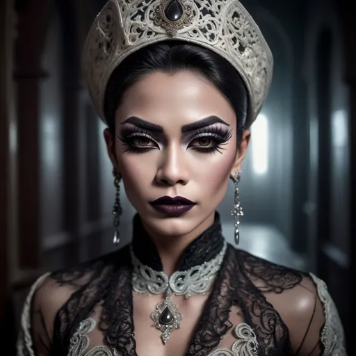 Prompt: hyper-detailed dull photo of a gorgeous muscular masculine 25-year-old Betawi drag queen (with strong jawline and chin), with dark eye makeup, dark lipstick, venetian lace jilbab, cropped jacket, foggy old hallway, art pose, medium format, epic character composition, sharp focus, intricate filigree details, cinematic lighting, volumetric fog, award-winning, masterpiece, 64K, professionally color graded