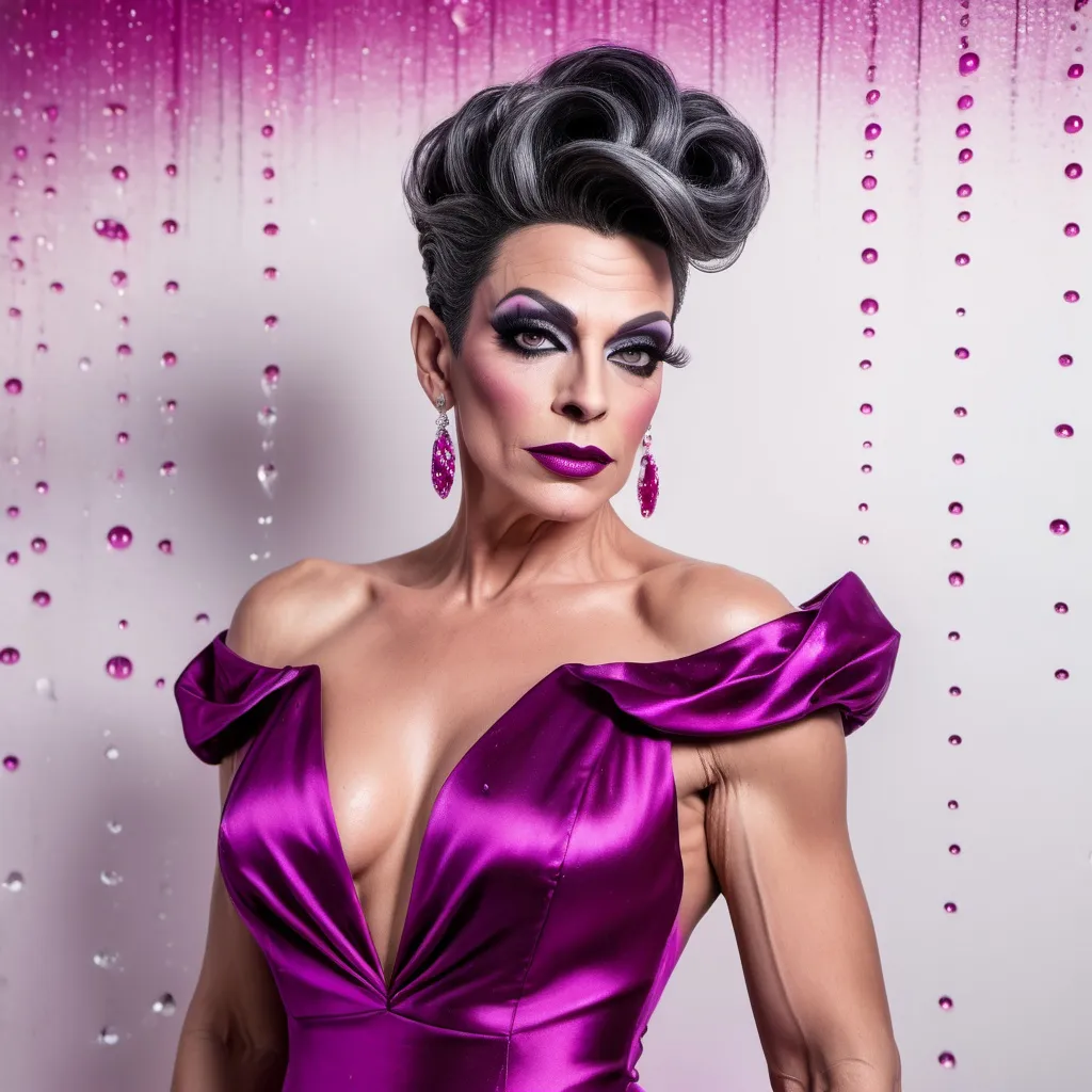 Prompt: The image is a full body portrait of a gorgeous muscular 45-year-old French drag queen with dark graying updo hair, dark eyeshadow,  and dark lipstick (with strong masculine jawline and brow) posing in a magenta satin dress. She is standing in front of a white wall with water droplets cascading down it. The dress is made of a shiny, satin-like material and has a high neckline with a lace overlay. The drag queen is wearing large, dangling earrings. She has a gold clutch in her hand and is looking directly at the camera with a serious expression. The overall mood of the image is elegant and sophisticated.