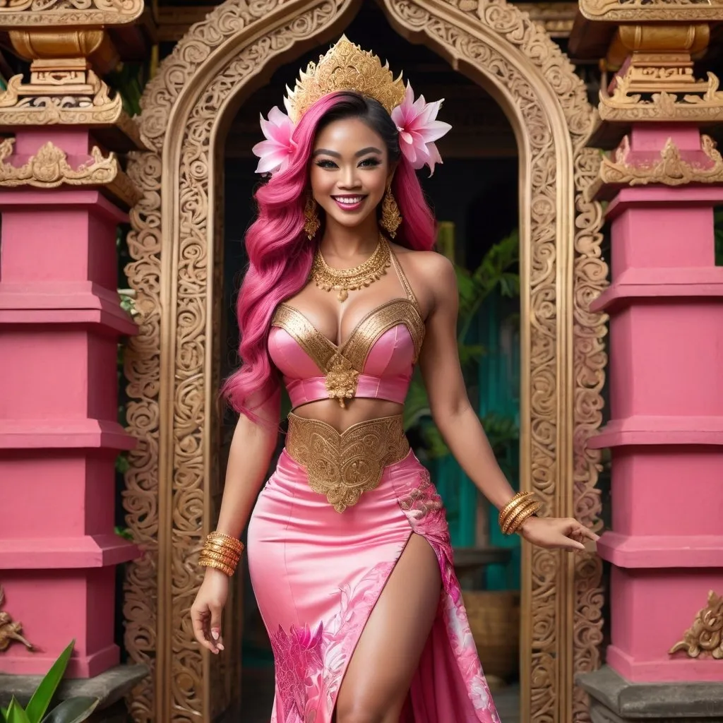 Prompt: Gorgeous ultra-muscular 25-year-old Balinese princess bodybuilder fashion shot in regal avant-garde Kebaya Bali, regal smile, flirtatious, huge busom and ridiculously long shiny pink wavy hair, wearing Balinese traditional bronze accessories and dress, 8 inch stiletto high heel shoes, lush Balinese landscape and Balinese palace background, intricate Balinese scripture on the walls, backed by traditional Balinese dancers, extra high details, superb unreal rendering, panoramic, atmospheric, ultra HDR, vivid, depth of field, bokeh, ultra realistic appearance, life like appearance, 64 megapixels, moody, romantic