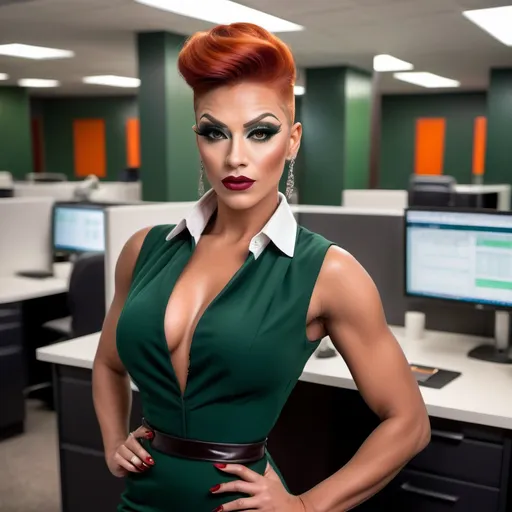 Prompt: Gorgeous ultra-muscular 25-year-old drag queen businesswoman, very well endowed, dark orange updo hairstyle, wearing sophisticated dark green business dress and white blouse, dark eye shadow and dark red lipstick, 8 inch stiletto high heel shoes, standing by a cubicle 