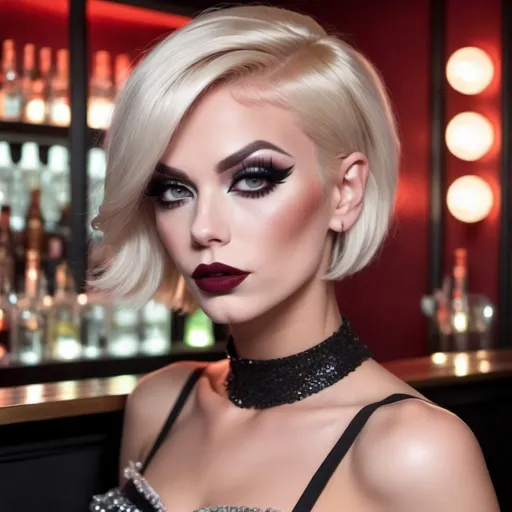 Prompt: Stunningly gorgeous 25-year-old Swedish drag queen bartender, mini skirt, short blond hair, full body, dark eye shadow and dark red lipstick