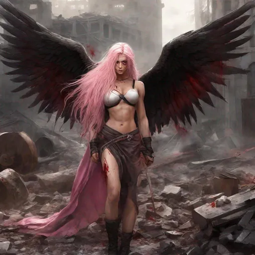 Prompt: Gorgeous ultra-muscular 25-year-old Finnish angel with huge busom and ridiculously long flowing platinum pink hair, wrapped dirty robes covered in blood, large broken, bloody wings, on her knees in the middle of rubble.