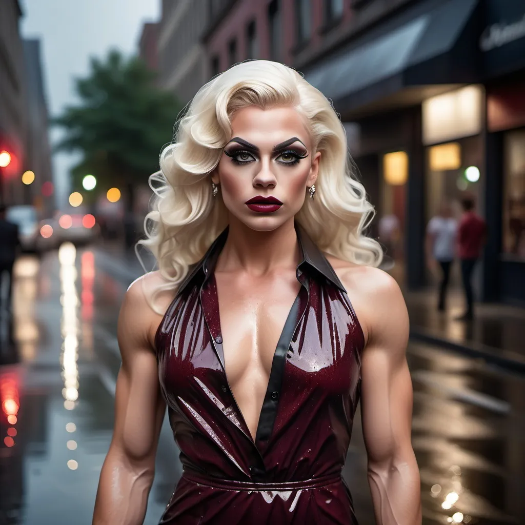 Prompt: photorealistic, (highly realistic) portrayal of a gorgeous muscular 25-year-old Czechian drag queen (strong masculine jawline and brow features) with long stylish wavy platinum blonde hair, wearing a stylish men's shirt as a dress, elegant high heels, dark eyeshadow,  and dark red lipstick, standing confidently on a wet, glistening street after rain, with puddles reflecting streetlights, soft atmospheric glow, (moody), gently falling raindrops, urban ambiance, striking pose, captivating expression, rich colors, (ultra-detailed), nighttime cityscape background.