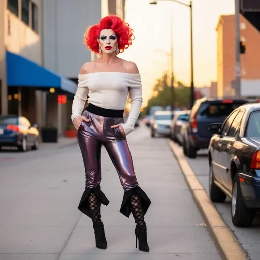 Prompt: Front view of a handsome man DRESSED UP AS a 25-year-old, muscular, gorgeous French DRAG QUEEN wearing capri pants, off the shoulder sweater, and 8 inch stiletto high heel ankle boots. Hanging out downtown at sunset.