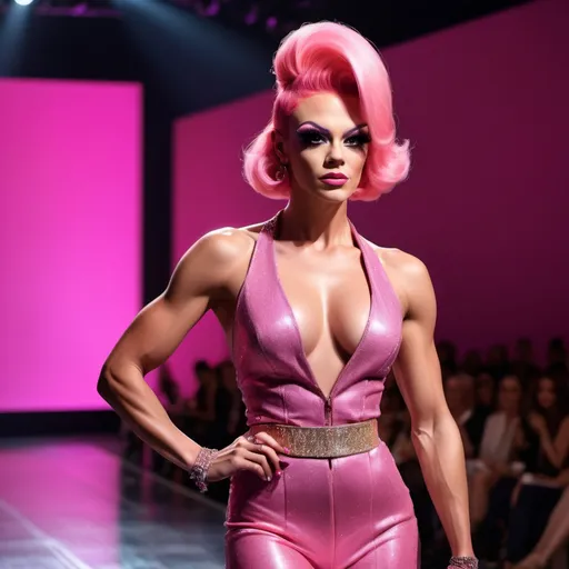 Prompt: Graham Norton dressed up as a Gorgeous statuesque 25-year-old Russian drag queen bodybuilder runway model with pink hair walking the catwalk at a fashion show.