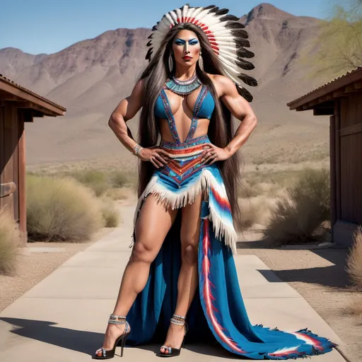 Prompt: photorealistic, full body portrait of a Gorgeous muscular 25-year-old Native American drag queen with huge busom and very long flowing hair, in traditional dress and 8 inch stiletto high heel shoes, posing outdoors.