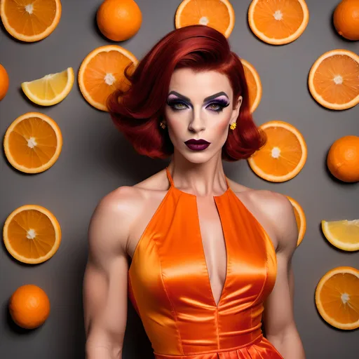 Prompt: A gorgeous muscular 25-year-old French drag queen bodybuilder with short sassy dark red hair, dark eyeshadow, and dark lipstick, wearing (Spritz Aperol dress)  a fashionable dress inspired by the vibrant hues of the classic cocktail, (bright orange and vivid yellow colors), elegant and stylish design, summery vibe, refreshing aesthetic, delicate fabrics that mimic liquid flow, ambient lighting casting warm glows, ultra-detailed, 4K quality, playful and lively atmosphere, ideal for summer outings or gatherings, showcasing a sense of joy and celebration.