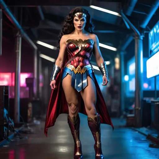 Prompt: Gorgeous muscular cyberpunk drag queen Wonder Woman, great legs, crystal high heels,  dark lipstick.