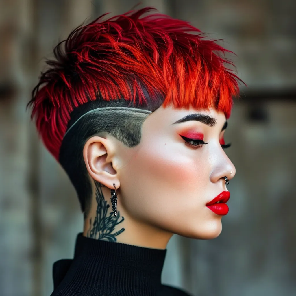 Prompt: side buzzed fade longer k-pop top cut with a dark red trendy moehawk, hair cut sample, fashion magazine, high focus on trendy hairstyle, gorgeous 25-year-old Czechian drag queen model with thick eyeshadow and dark red lipstick--ar 9:16 --v 6.0