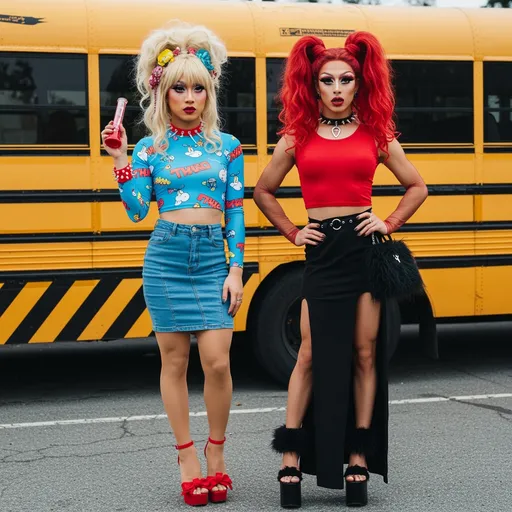 Prompt: Photograph of two 21-year-old drag queens standing in front of a yellow school bus with black stripes. The Filipino drag queen on the left has blonde hair styled in a messy bun with colorful accessories, wears a bright blue, long-sleeve crop top with rainbow patterns and red text, and a high-waisted, blue denim pencil skirt. She holds a red bong in her right hand and wears 7 inch stilettoblack high heels. The Greek drag queen on the right has red hair styled in high, dramatic pigtails, wears a red, sleeveless, long-sleeve crop top with black mesh sleeves, and a high-waisted, black skirt with a thigh-high slit. She holds a black, furry handbag and wears 7 inch stiletto black platform shoes with furry accents. Both drag queens have heavy makeup with dark lipstick and bold eye makeup. The background includes the school bus and a concrete pavement. The image has a vibrant, alternative fashion style with a punk and grunge influence.