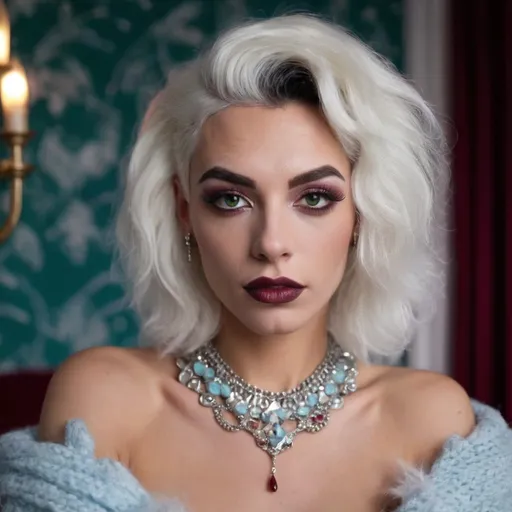 Prompt: Gorgeous muscular 25-year-old silver-haired French drag queen (masculine jawline and brow facial features) in a modern home, against a wall with wallpaper and furniture background
wearing long cable knitted angora mohair sweater , (extremely fluffy:1.8) angora mohair sweater, from side, looking at viewer, smile, (full lips:1.8), dark red lipstick, daek eyeliner, dark makeup, 8k, very detailed, green eyes, very detailed eyes,
source_real, raw, photo, amateur, french drag queen, Close-Set Eyes, [eyecolors violet], full lips, high cheekbones, weak receding chin, burgundy, lob, light blue, lip gloss, __15JeweleryMaterials__ __14Piercing__, large busom,  gorgerous, outdoor, portrait, , highly detailed, detailed skin, depth of field, film grain
(photorealistic) (bokeh) (intricate details) (cinematic lighting) (sharp focus)
