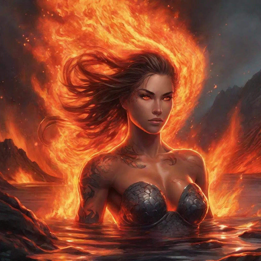 Prompt: Gorgeous ultra-muscular 25-year-old goddess made of fires swimming in a lake of lava. 