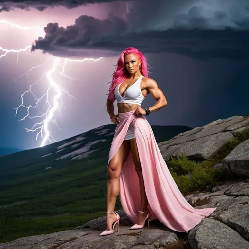 Prompt: A picture of a Gorgeous, ultra-muscular, 
Finnish 25-year-old goddess bodybuilder with huge busom and long stylish pink hair, wearing flowing skirt, a wrap around blouse, and 8 inch stiletto high heel shoes, alone on a mountain top during a lightning storm.