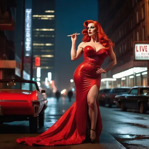 Prompt: ((In the style of film noir)) Jessica Rabbit live action played by a gorgeous ultra-muscular 35-year-old Polish drag queen bodybuilder, big busom, dressed in a sensual, form-fitting red gown, extremely long wavy red hair, illuminated by a dim streetlamp in a gritty, rain-soaked city. She leans against a vintage, black convertible, a cigarette holder delicately held between her fingers, the smoke enveloping her like a mysterious haze. In the background, shadows cast by towering skyscrapers create an ambiance of intrigue and danger.