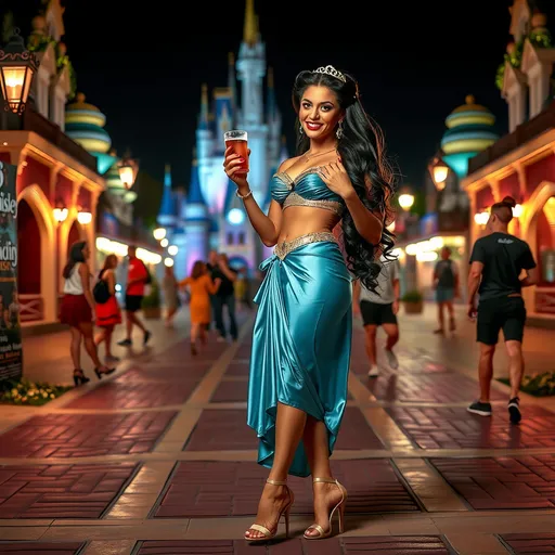 Prompt: Gorgeous ultra-muscular 25-year-old Swedish drag queen Jasmine (Disney princess) with 8 inch stiletto high heel shoes, dark mascara, eyeshadow and dark red lipstick, standing in Disney World holding a beer and flirting with guests at night