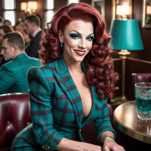 Prompt: Sophisticated art deco lounge, elegant gorgeous muscular 25-year-old British drag queen bodybuilder with large busom, curly dark red hair,  teal plaid tweed jacket, teal blouse, teal pencil skirt, black 6 inch stiletto high heel boots, crowded scene, subtle smile, high-res photo, art deco, elegant, detailed facial features, realistic, sophisticated, busy setting, vibrant colors, professional photography