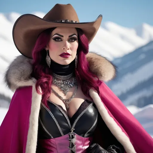 Prompt: A hi-res 8k hd digital photograph of a proud gorgeous rugged drag queen (with masculine jawline and brow) cowgirl with huge busom in winter snowy mountains. She is wearing a dark pink cloak lined with fur and a scarf over metal armor. She has ridiculously long wavy dark red hair and a black cowboy hat. She is holding a halberd. It is snowing and windy. She is smiling. Cowboy hat.
