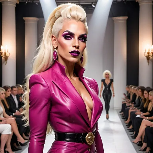 Prompt:  (A gorgeous muscular 35-year-old Macedonian drag queen (masculine jawline and brow features) with dark eyeshadow, 
dark lipstick,  and platinum blonde hair wearing a magenta Versace), fierce pose, dramatic (red and black color palette), high-fashion editorial style, luxurious fabric textures, sleek and chic outfit details, vivid presence, modern ambiance, strong emotional intensity, cinematic lighting, backdrop of elegant high-fashion runway, (ultra-detailed, 4K).