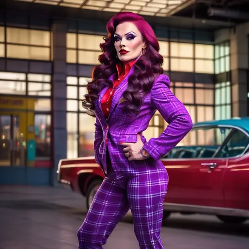 Prompt: Gorgeous ultra-muscular 35-year-old Russian drag queen bodybuilder), long thick stylish dark red wavy hair, wearing (bright purple turtleneck), (vibrant brown sport coat), plaid pants, 8 inch red Converse All Star high heel shoes, striking heroic confident pose, (fun colorful retro  setting), old timey control panels, (highly detailed), (4K), playful ambiance, whimsical atmosphere, eclectic background elements, lush colors for a captivating visual experience.