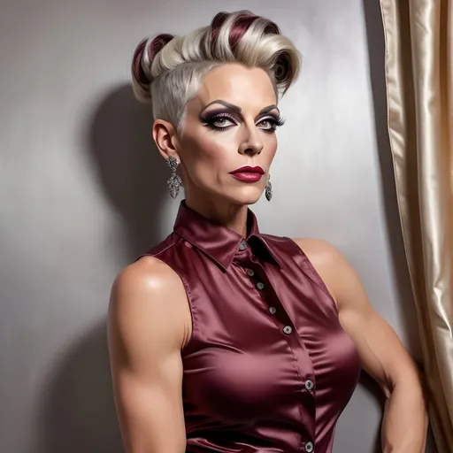 Prompt: oil painting of gorgeous muscular 45-year-old German drag queen with a (salt & pepper bun hairstyle), wearing an (elegant sleeveless maroon button-up blouse) and (off-white fancy pants), strikes a (modeling pose) near a perfectly designed silver aesthetic wall and multicolored curtain, Captured in a (low angle shot), showcasing her (detailed features). 