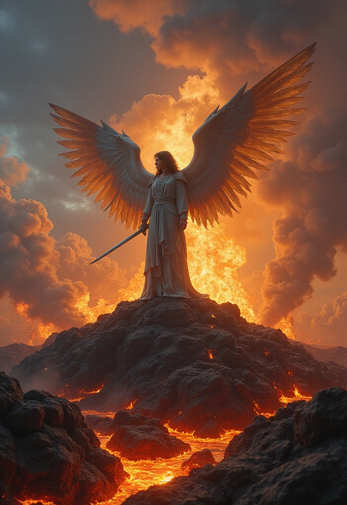 Prompt: An angel with sword standing on a hill over Hell burning with lava Seas 