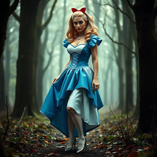 Prompt: Alice in Wonderland transformed into a gorgeous ultra-muscular 25-year-old Swedish drag queen with large busom, standing and wearing Blue Corset, White Skirt, 8 inch stiletto high heel shoes, masterpiece, in a Creepy Forest,with Dead bloody trees, Beautifoul, Ultra HD,16K, Extrêmely detailed,Halfling proportions,