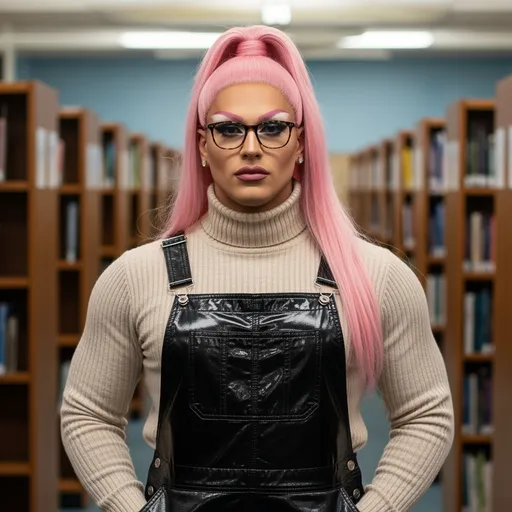 Prompt: Gorgeous, muscular 35-year-old nerdy drag queen with long pink high & tight ponytail,((strong masculine jawline and brow features)), creased wrinkled shiny leather bib overalls with turtleneck, standing in a college library. 