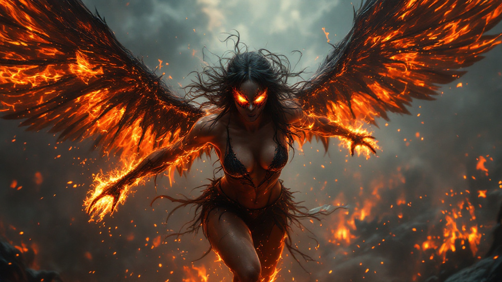 Prompt: Ultra-muscular dark angel drag queen with dark masked face of fire, fire coming from her eyes, wings made of fiery flame, flying into hell, attacking demon hoard