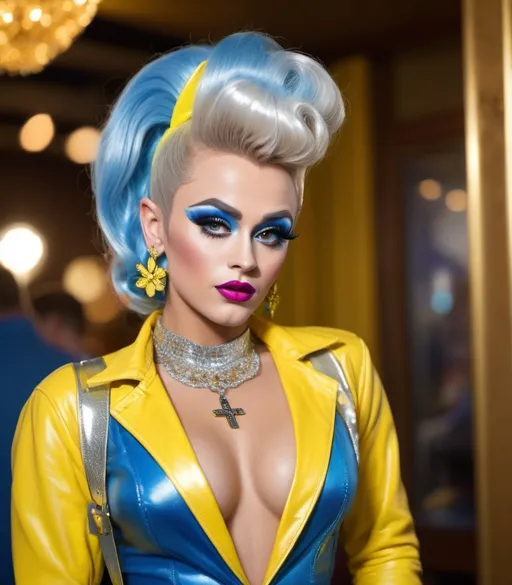 Prompt: High-quality detailed digital photograph of James Dean dressed as a 27-year-old Russian drag queen in a cute yellow & blue outfit and wearing cute 8 inch stiletto high heel shoes, long straight loose silver & gold ponytail, wearing a cute cross-body handbag, vibrant and colorful, adorable expression, soft lighting, detailed eyes, professional, 4k, ultra-detailed, cute outfit, long straight high ponytail, platform high heel boots, cute cross-body handbag, adorable expression, soft lighting