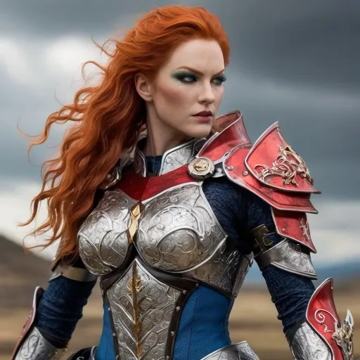 Prompt: A  beautiful, muscular, massively strong, 35-year-old flaming red-haired drag queen warrior cyborg, bearing visible battle scars and marks of past villainy, now subtly overlaid with symbols of heroism and snakes, signifying rebirth and transformation.  This character embodies a superhero and a redeemed former villain, exuding an aura of powerful resolve and hard-earned redemption, standing heroically amidst a stormy battlefield, with red lightning illuminating the intricately etched fractal designs on the battle-scarred armor. Her armor, a hybrid of Damascus steel and fractal art, shimmers with a mystical energy, the fractal patterns seamlessly merging with the Damascus steel's distinctive water-like texture.  Her piercing, intense eyes reflect focused determination. Snakes are integral to the design: subtle serpent tattoos coil around muscular arms and legs, and snake motifs are etched into the armor and weaponry. A massive, fractal-designed sword with Damascus steel accents completes the character's imposing and heroic presence.  The image is ultra-high definition, with sharp focus on the intricate details, realistic textures, and natural lighting.  The style is hyperrealistic, avoiding anime or comic book aesthetics. Focus on a grounded, realistic portrayal of the character and the environment.