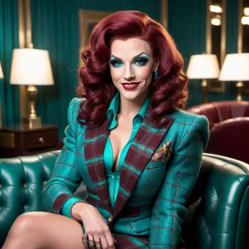 Prompt: Sophisticated art deco lounge, elegant gorgeous muscular 25-year-old British drag queen bodybuilder with large busom, curly dark red hair,  teal plaid tweed jacket, teal blouse, teal pencil skirt, black 6 inch stiletto high heel boots, crowded scene, muscular physique, subtle smile, high-res photo, art deco, elegant, detailed facial features, realistic, sophisticated, busy setting, vibrant colors, professional photography